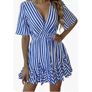 PrettyGarden V-neck Striped Half Sleeve Ruffle Hem Mini dress Blue & White S